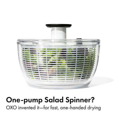 OXO Good Grips Salad Spinner basket interior shown for easy spin cleanup.