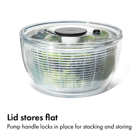 OXO Good Grips Salad Spinner brake button for instant stopping.