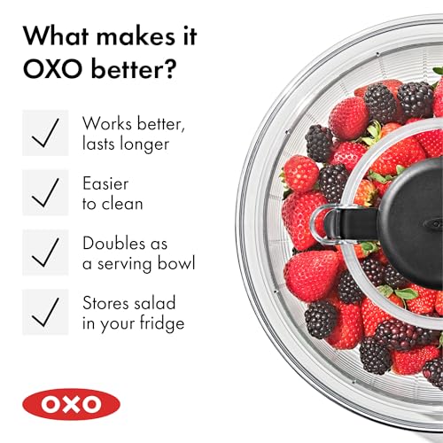 OXO Good Grips Salad Spinner compact design fits kitchen counters.