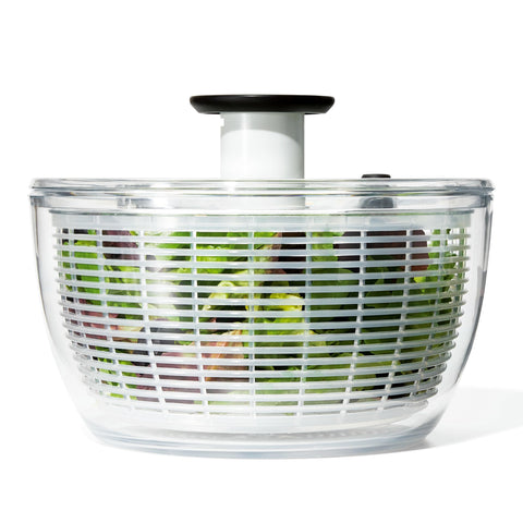 OXO Good Grips Salad Spinner knob in action for effortless one-handed drying.