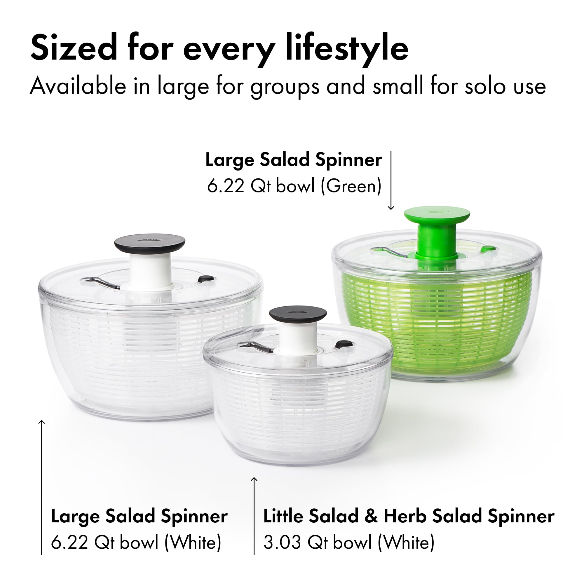 OXO Good Grips Salad Spinner non-slip base keeps bowl steady.