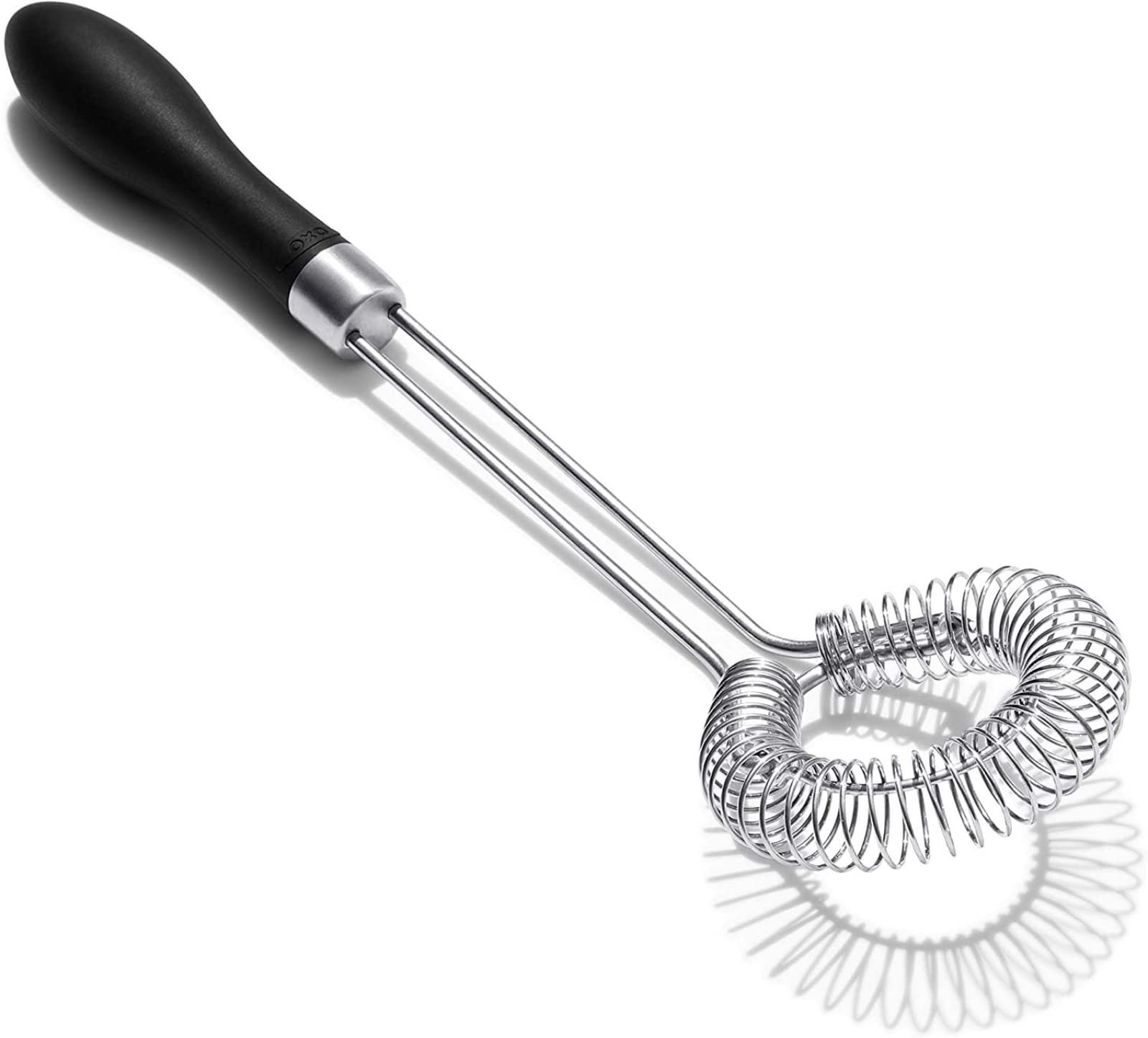OXO Good Grips sauce and gravy whisk shows angled head for reaching pan corners.