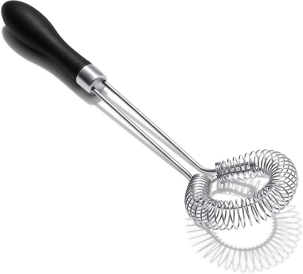 OXO Good Grips sauce and gravy whisk shows angled head for reaching pan corners.