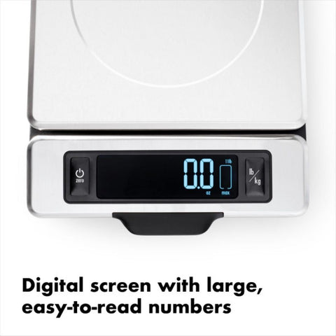 OXO Good Grips scale digital readout presents large numbers for easy ingredient weighing.