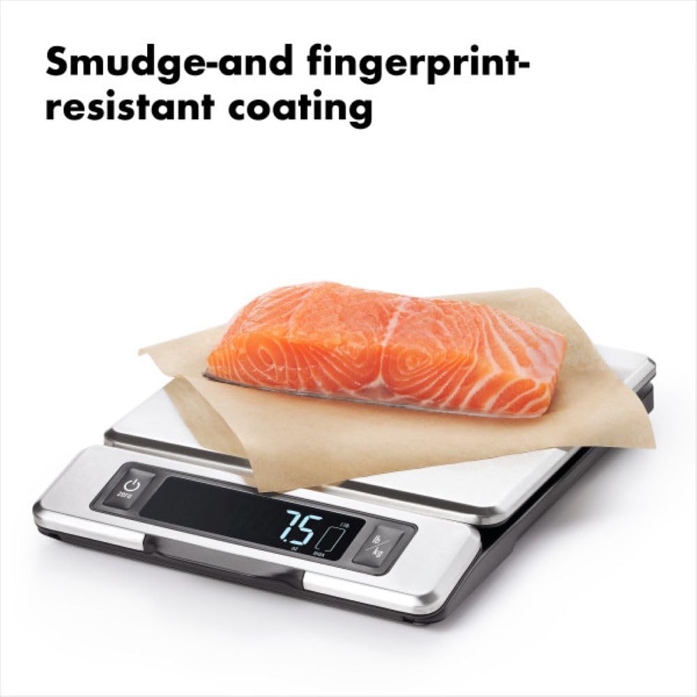 Unit conversion lets you switch among oz, lb, g, kg on the OXO scale.