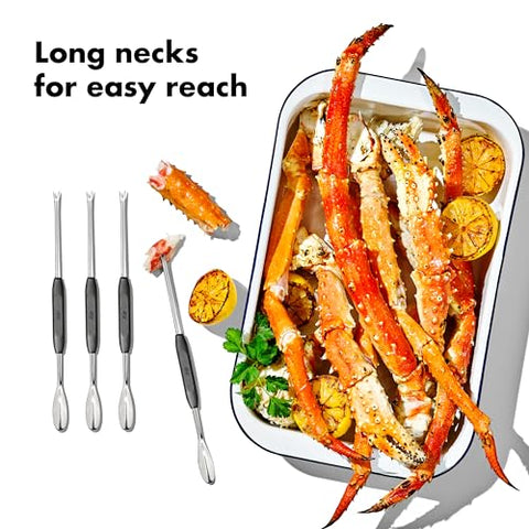 Sharp fork tines on OXO Good Grips Seafood Picks grab large meat pieces securely