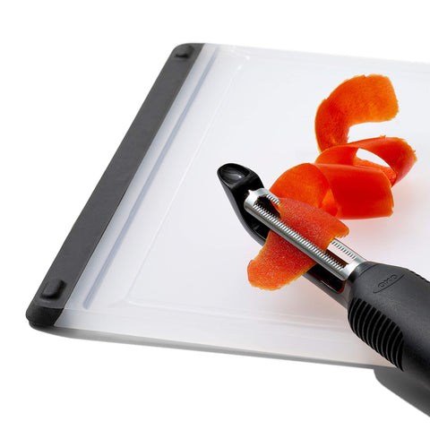 OXO Good Grips Serrated Peeler dishwasher safe for easy cleanup.