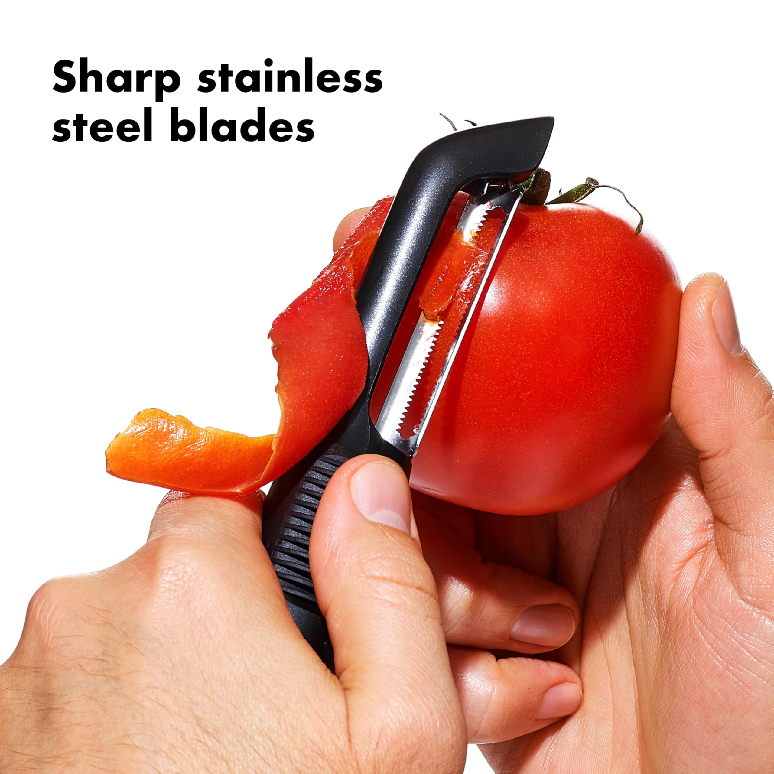 OXO Good Grips Serrated Peeler demonstrates secure skin gripping on soft fruit.