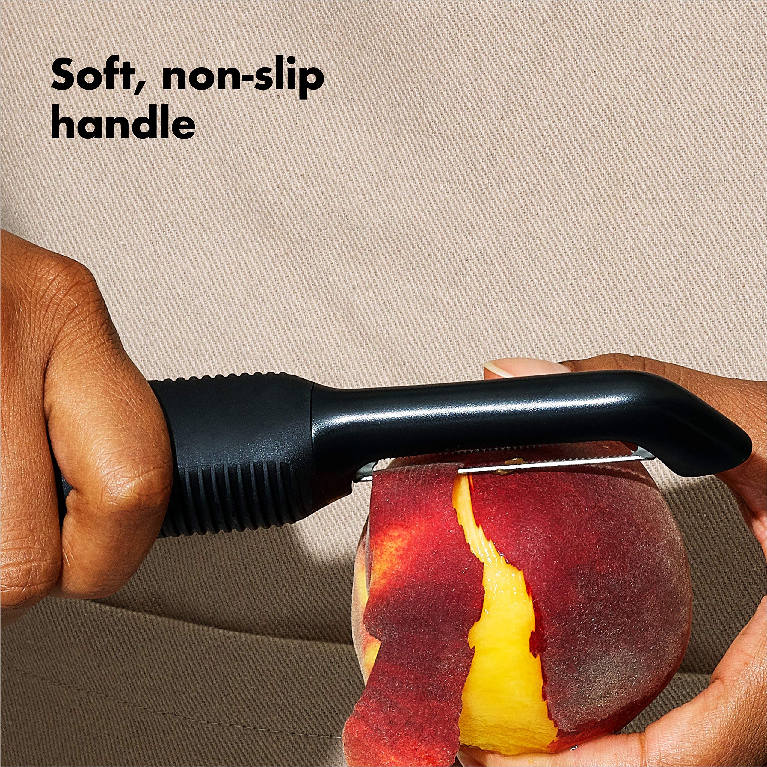 OXO Good Grips Serrated Peeler soft-handle comfort during extended peeling.
