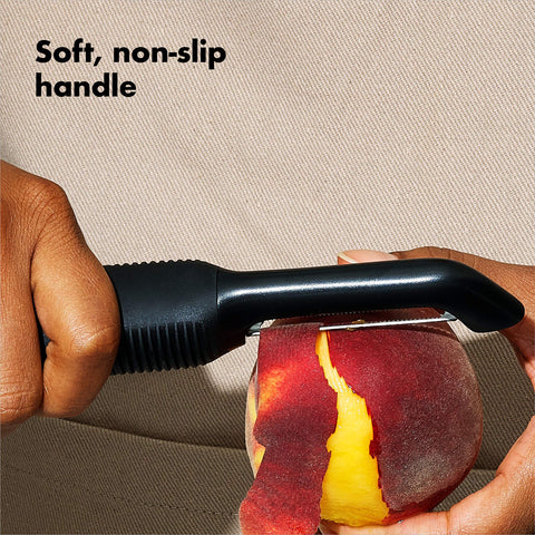 OXO Good Grips Serrated Peeler soft-handle comfort during extended peeling.