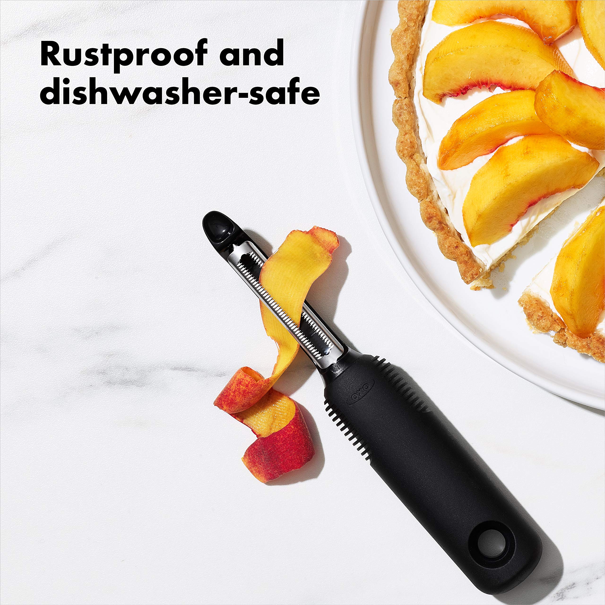 OXO Good Grips Serrated Peeler stays steady with non-slip grip when wet.