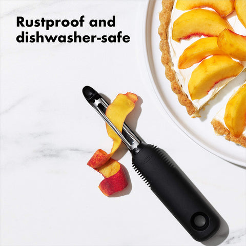 OXO Good Grips Serrated Peeler stays steady with non-slip grip when wet.
