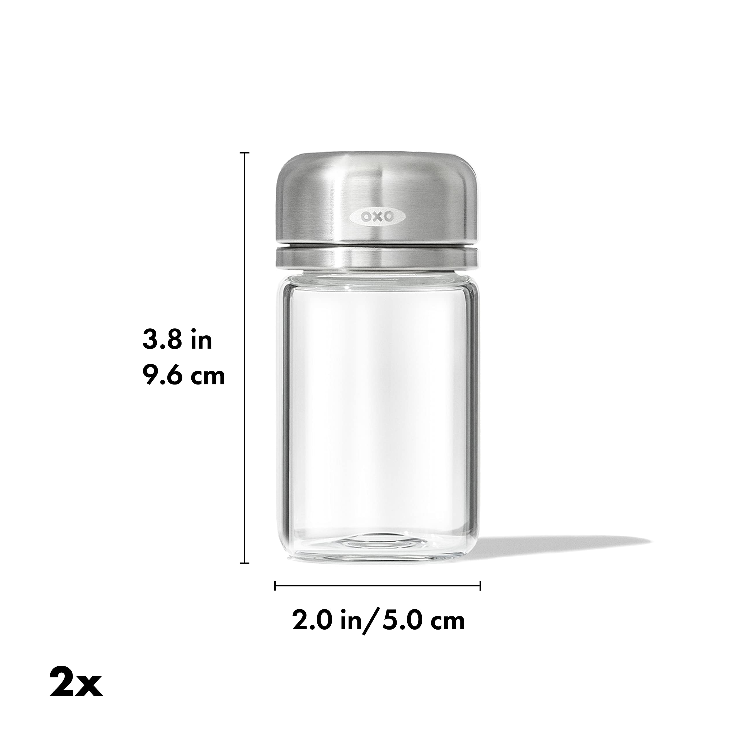 Multi-setting lid with two hole sizes on the OXO shaker for precise seasoning control.