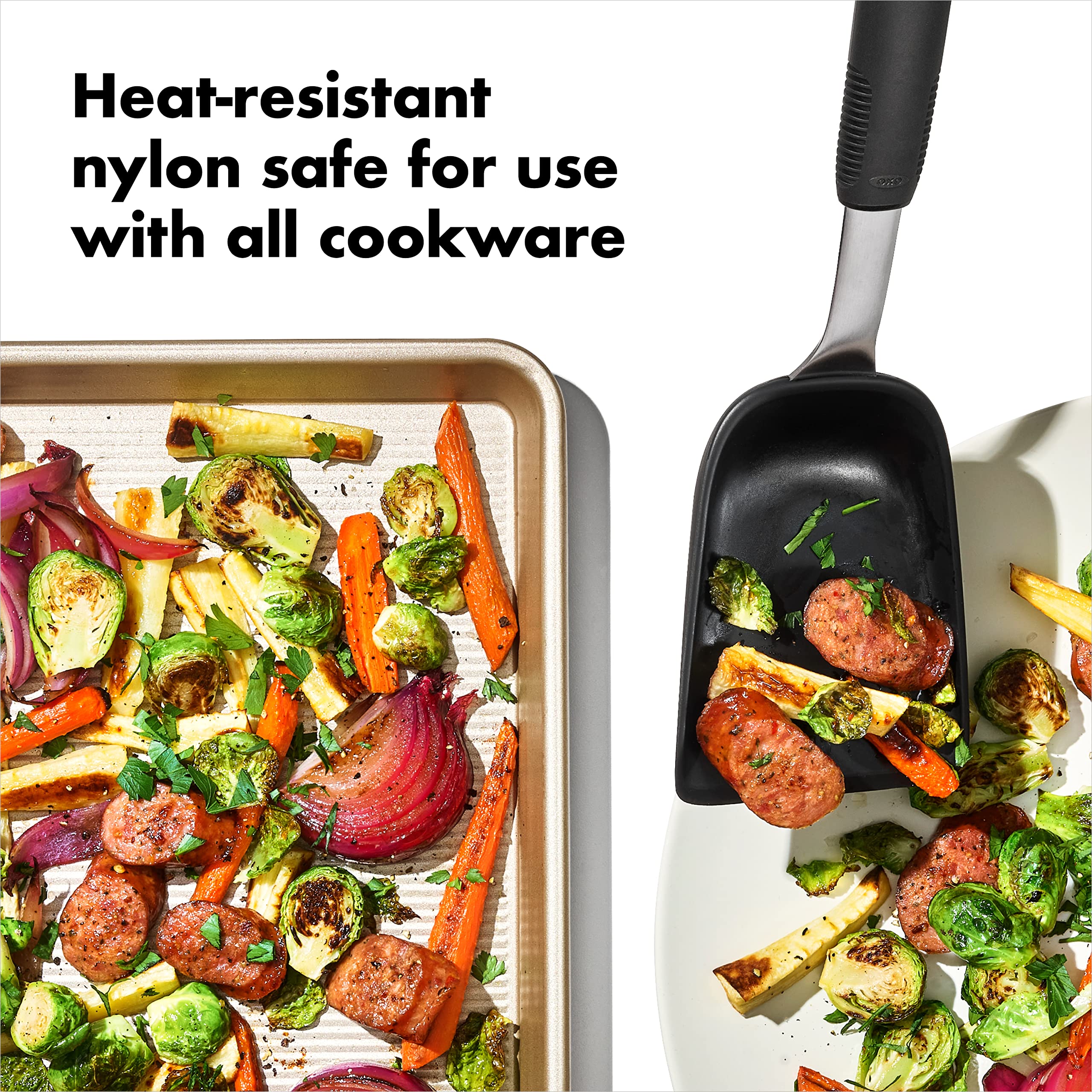 OXO Good Grips Sheet Pan Scoop is dishwasher safe for easy cleanup.