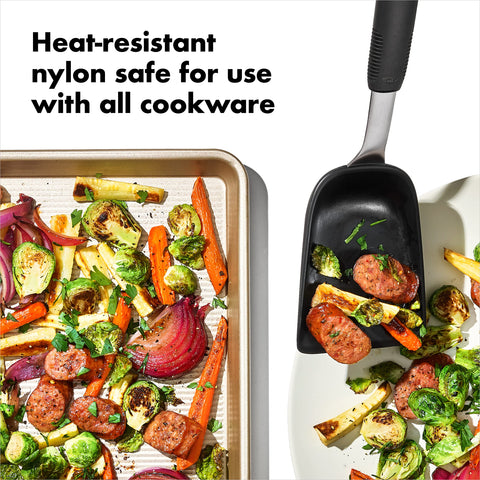 OXO Good Grips Sheet Pan Scoop is dishwasher safe for easy cleanup.