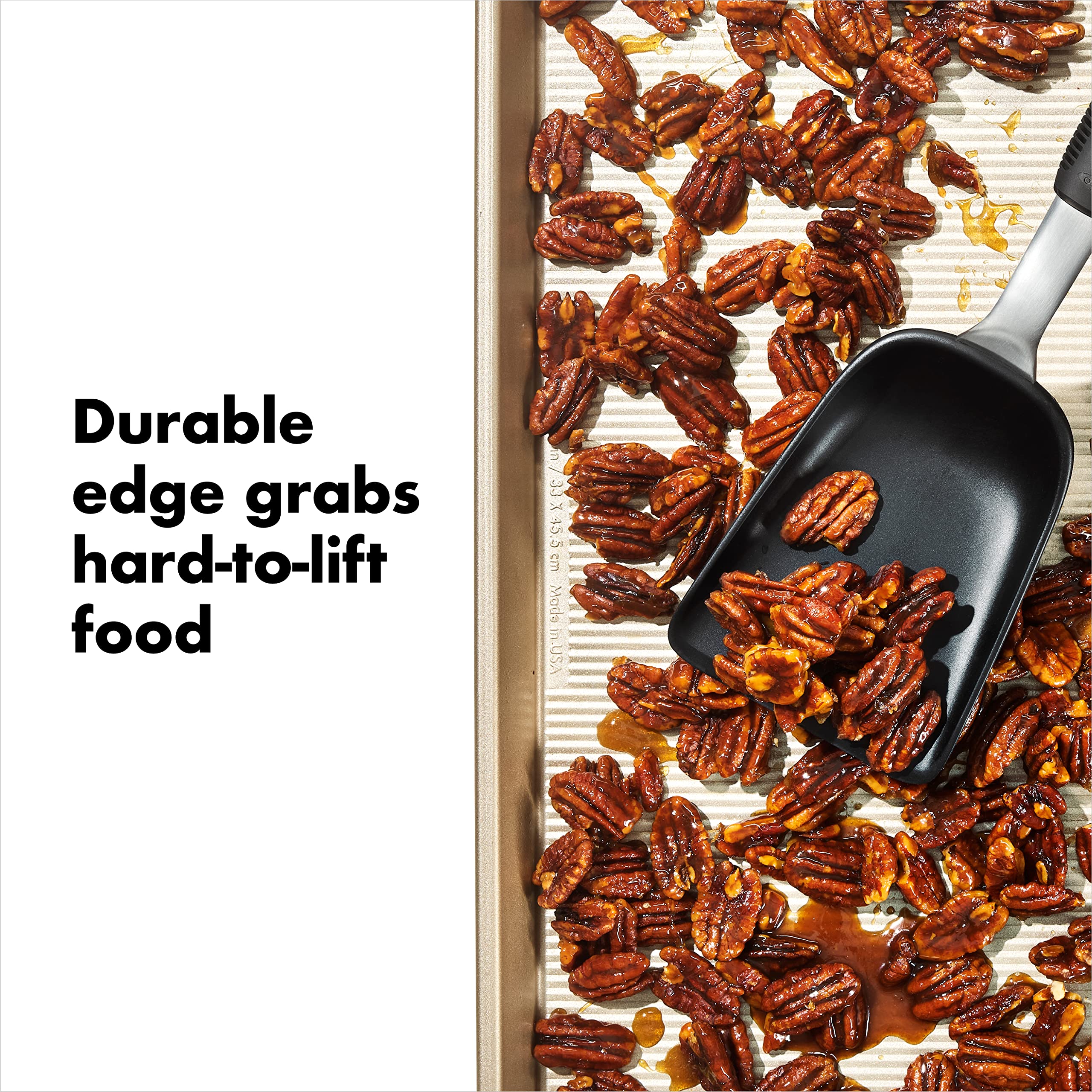 OXO Good Grips Sheet Pan Scoop uses heat-resistant nylon safe for all cookware.