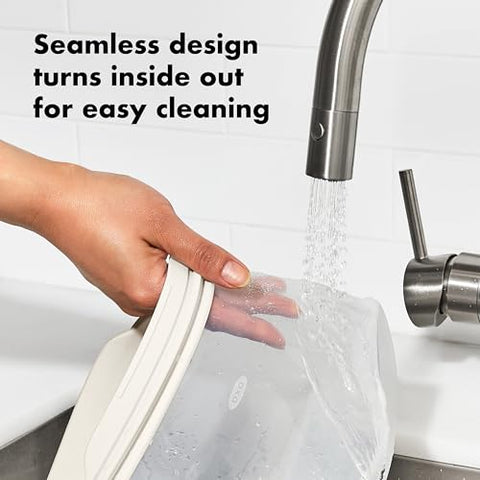 OXO Good Grips silicone bag gallon oat open wide for easy filling.