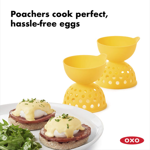 OXO Good Grips yellow poacher top view highlighting funnel guide for yolk safety