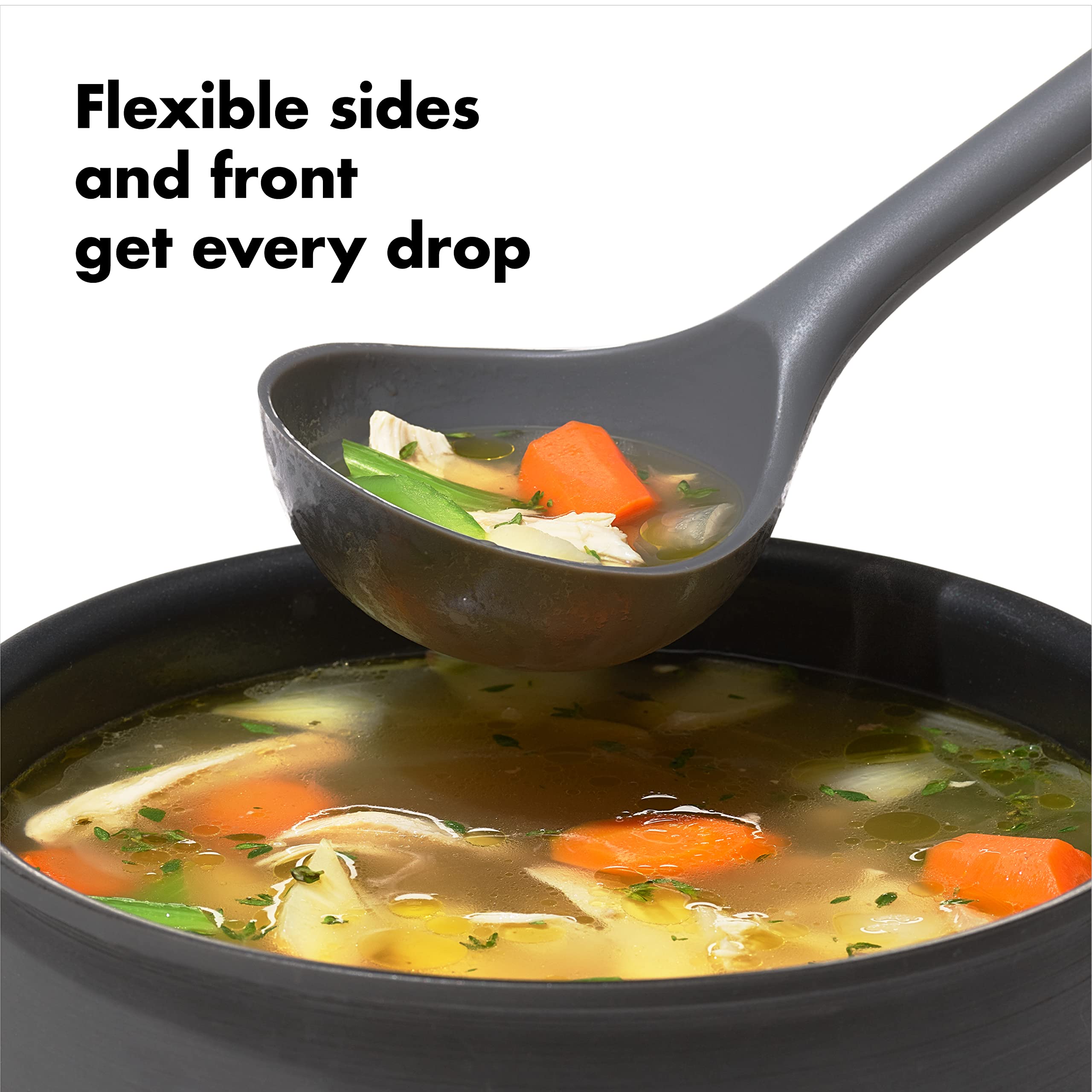 OXO Good Grips Silicone Everyday Ladle features heat-resistant silicone protecting non-stick pots.