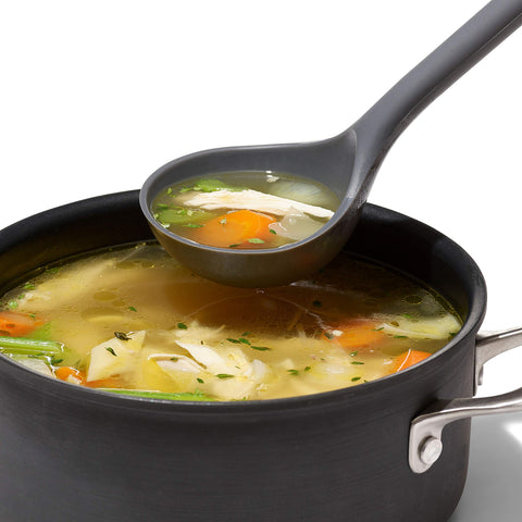 OXO Good Grips Silicone Ladle excels at smooth sauce transfer from pot to dish.