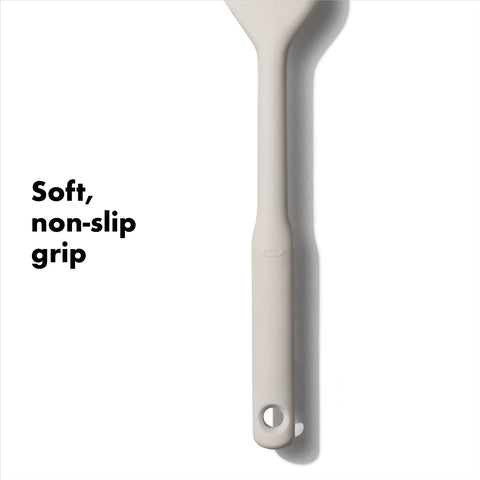 OXO Good Grips silicone spatula dishwasher safe for easy cleanup.