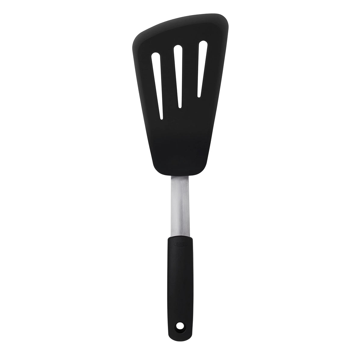 OXO Good Grips silicone omelet turner edge closeup shows flexible, non-stick-safe performance.