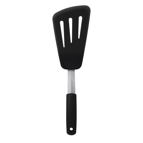 OXO Good Grips silicone omelet turner edge closeup shows flexible, non-stick-safe performance.