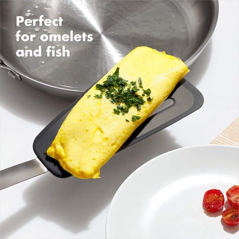OXO Good Grips turner heat-resistant silicone handles high-heat cooking safely.