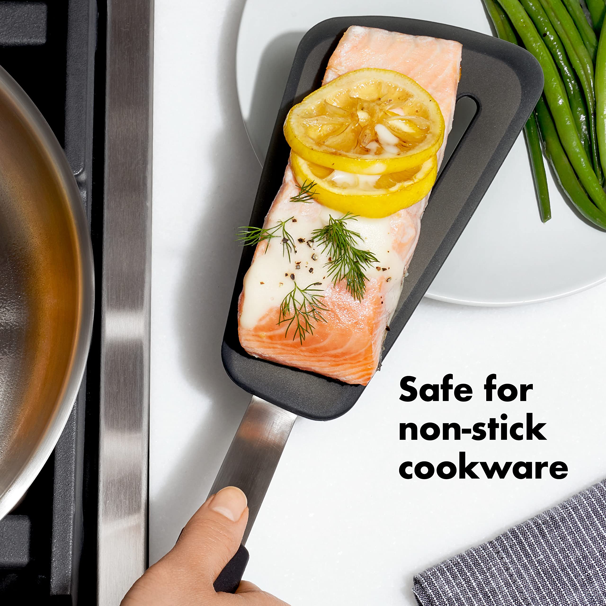 OXO Good Grips non-stick cookware safe turner preserves pan surfaces.