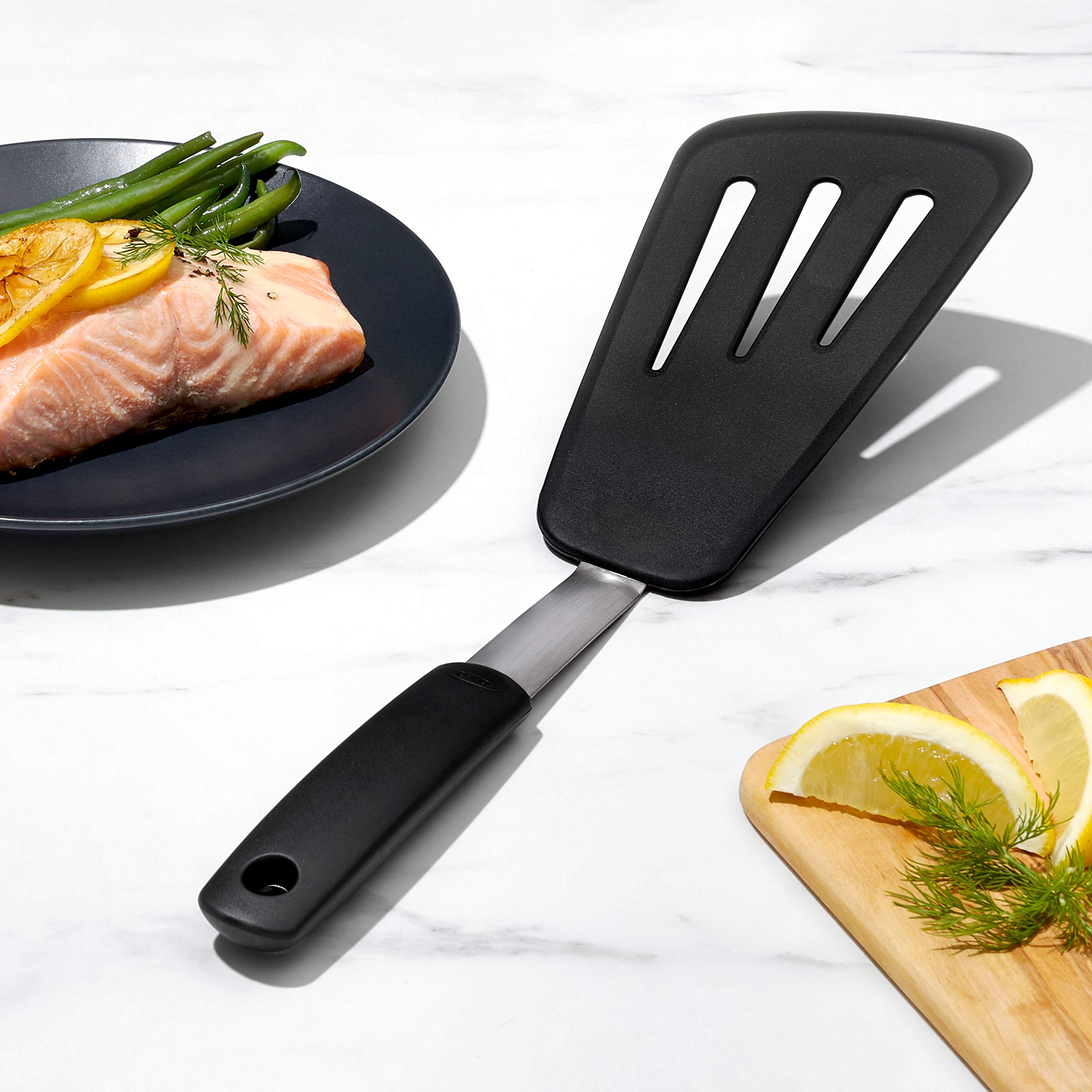 OXO Good Grips silicone omelet turner ideal for omelets and fish filets.