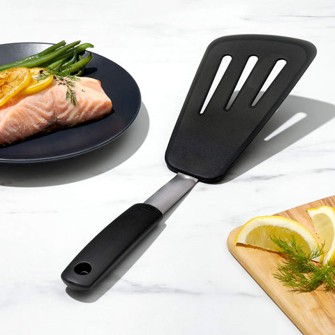 OXO Good Grips silicone omelet turner ideal for omelets and fish filets.