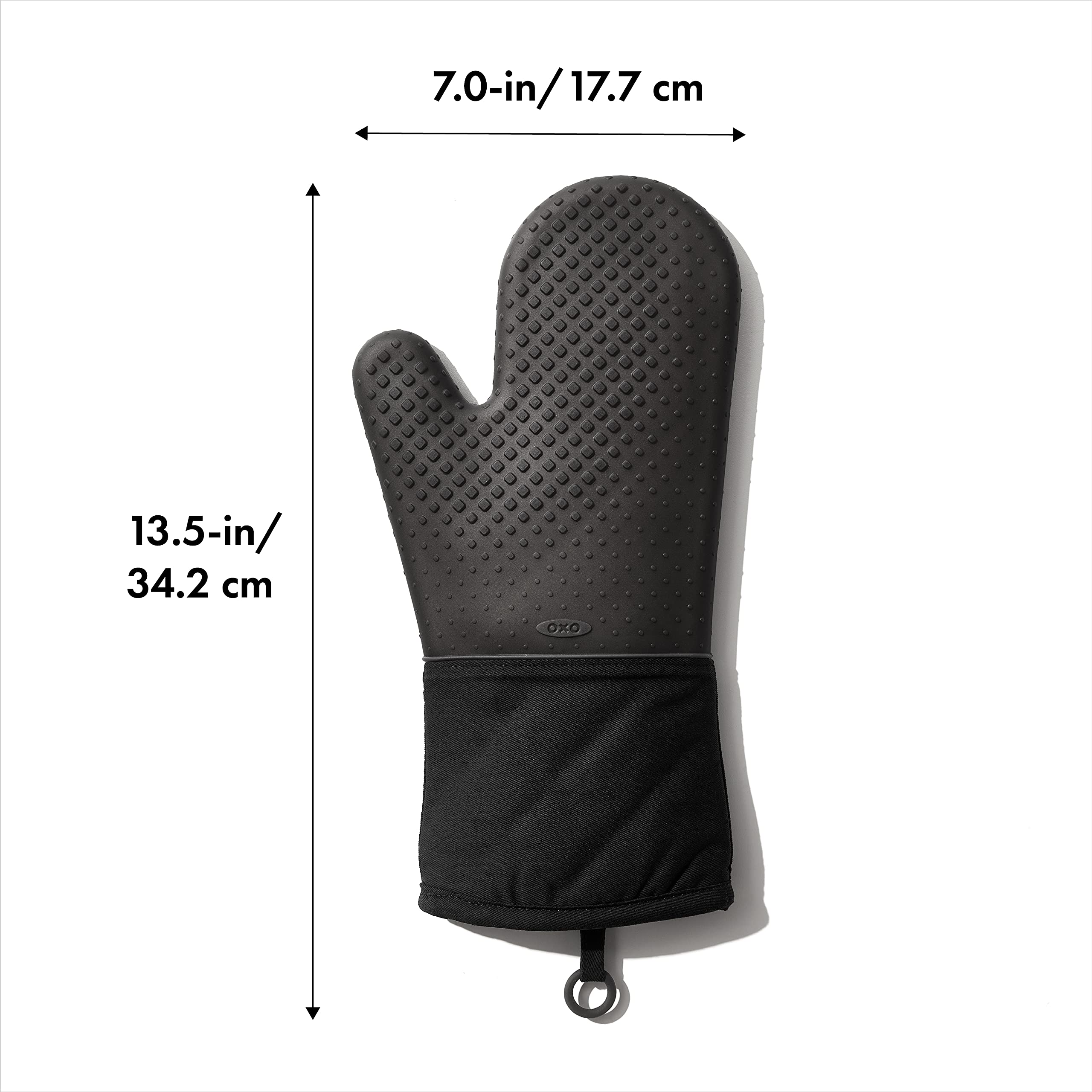 OXO Good Grips silicone oven mitt black, diamond pattern close-up, secure handling.