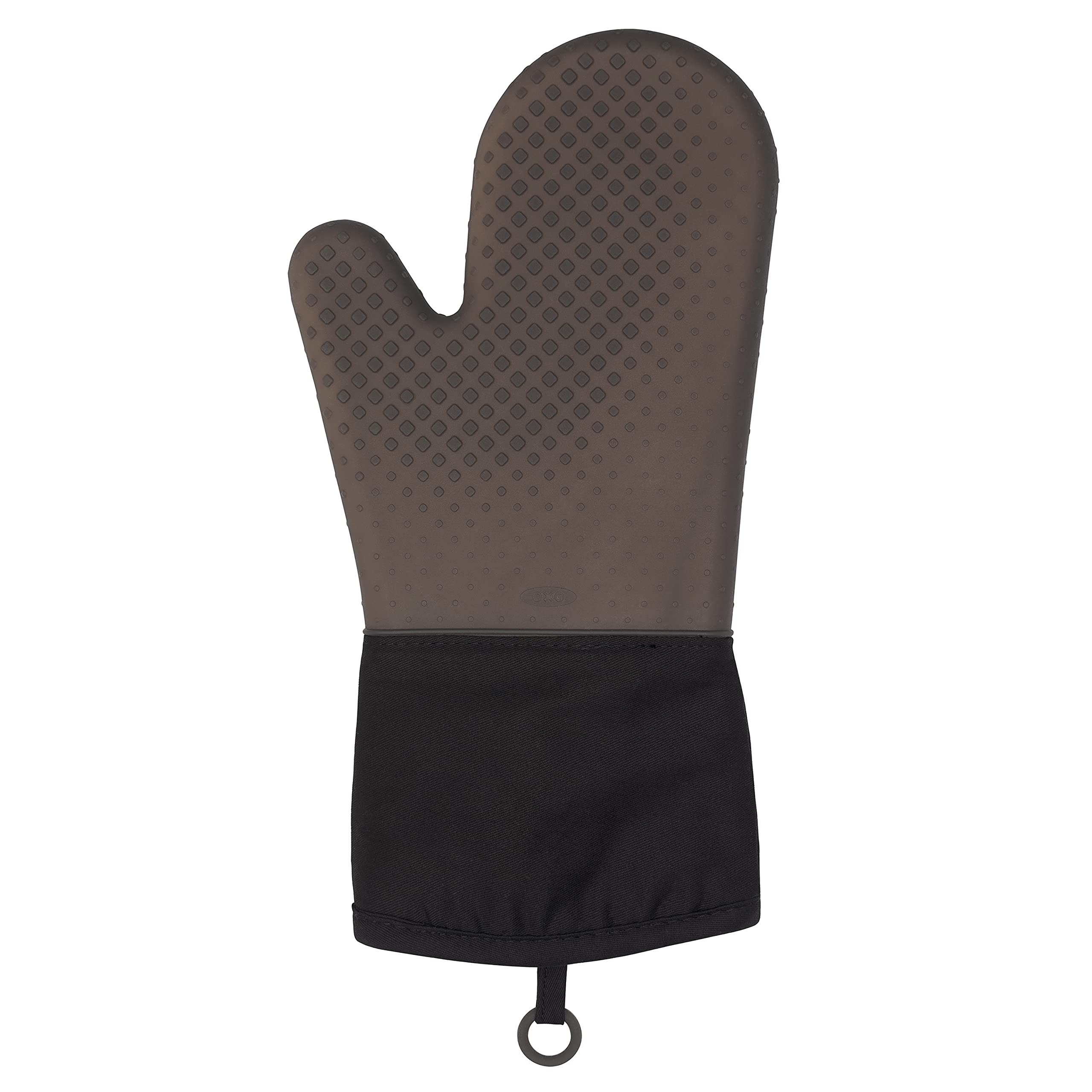 OXO Good Grips silicone oven mitt black, front view, safe grip on hot pots.
