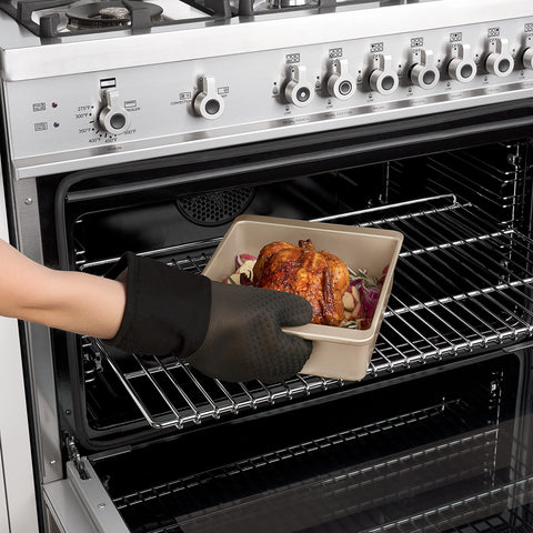 OXO Good Grips silicone oven mitt black, stain-resistant surface for quick cleanup.