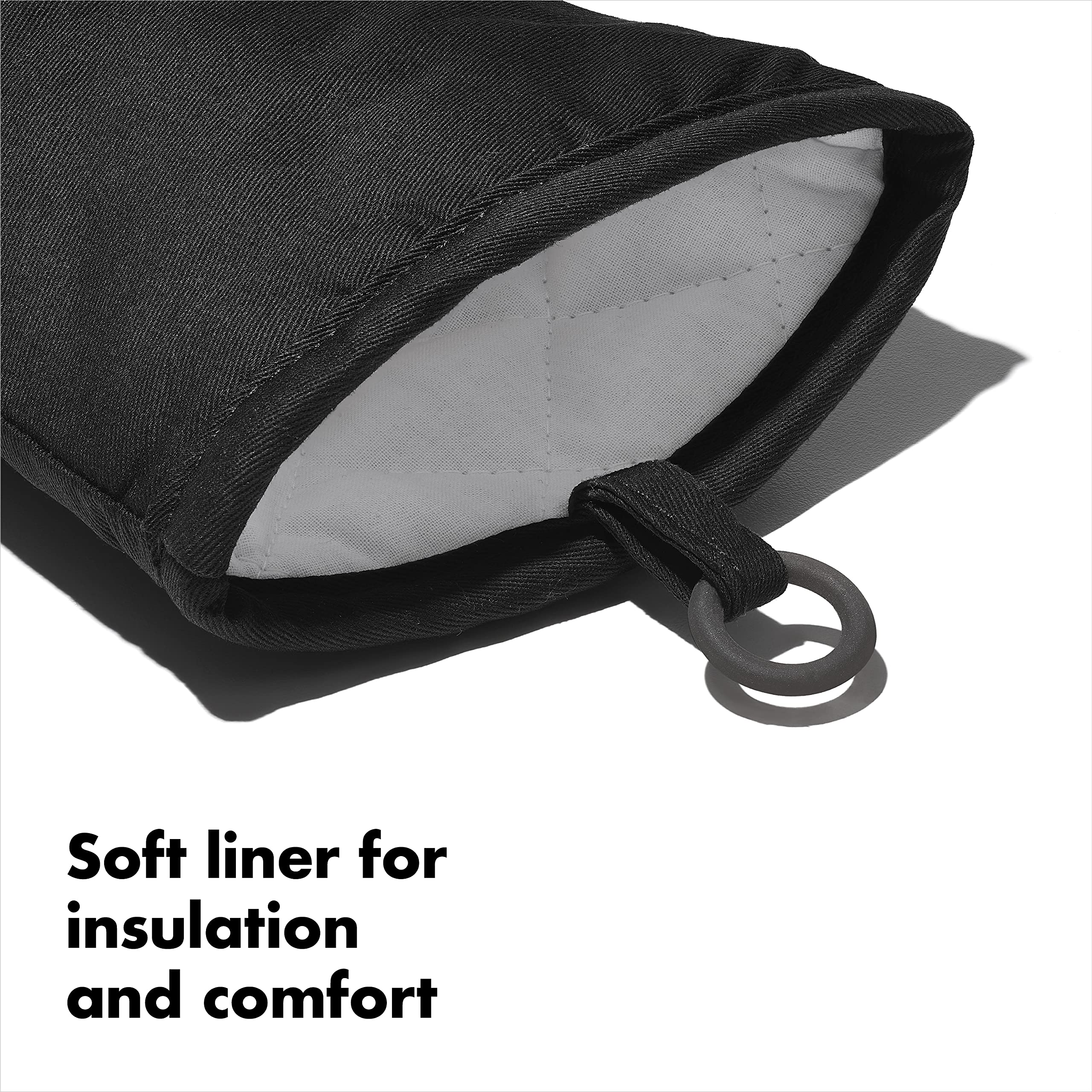 OXO Good Grips silicone oven mitt black, soft interior for comfortable dexterity.