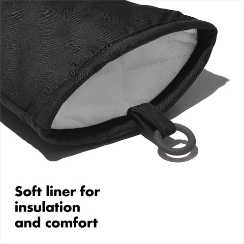 OXO Good Grips silicone oven mitt black, soft interior for comfortable dexterity.