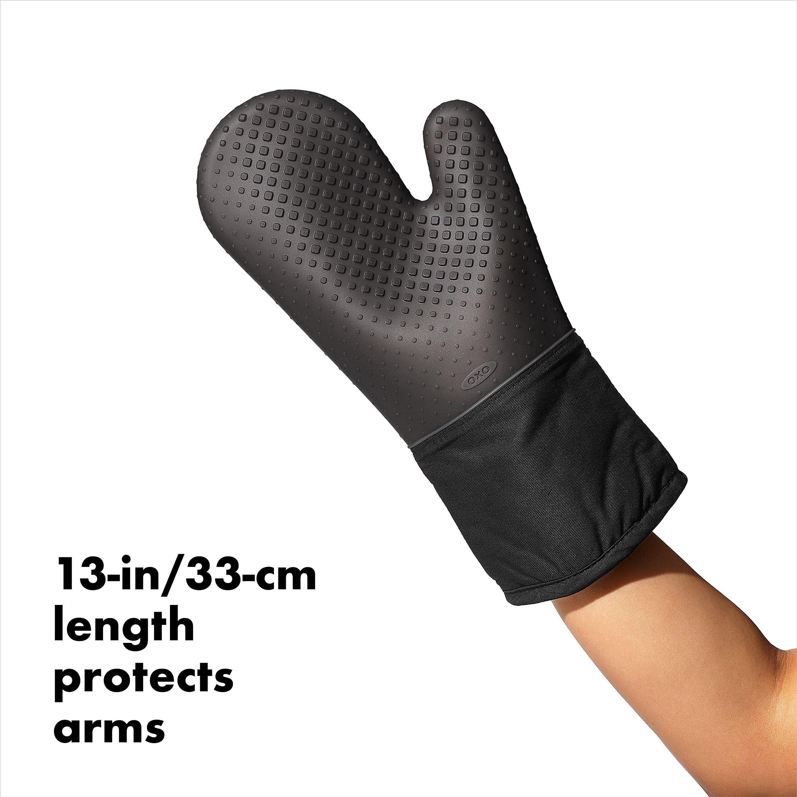 OXO Good Grips silicone oven mitt black, 13-inch length, forearm protection.