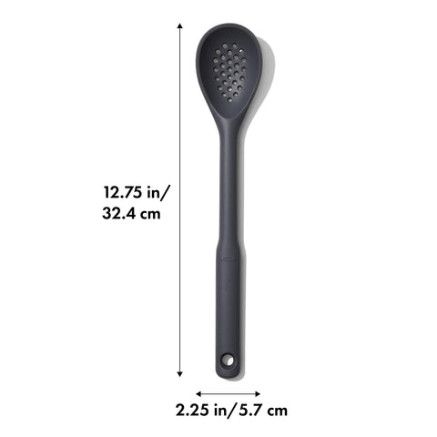 OXO Good Grips slotted spoon drains pasta and veggies without scratching stainless cookware.