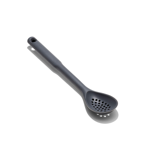 OXO Good Grips silicone slotted spoon with rounded head for easy stirring in nonstick pots.