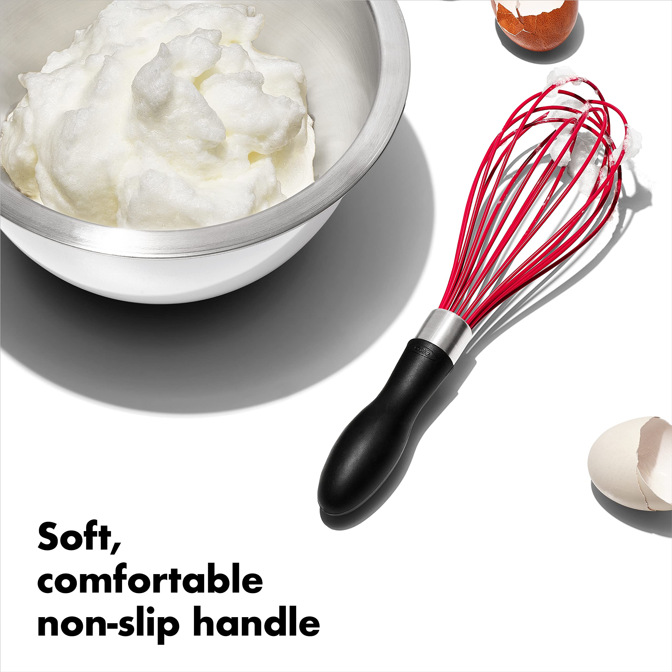OXO Good Grips silicone whisk dishwasher safe for easy cleanup.