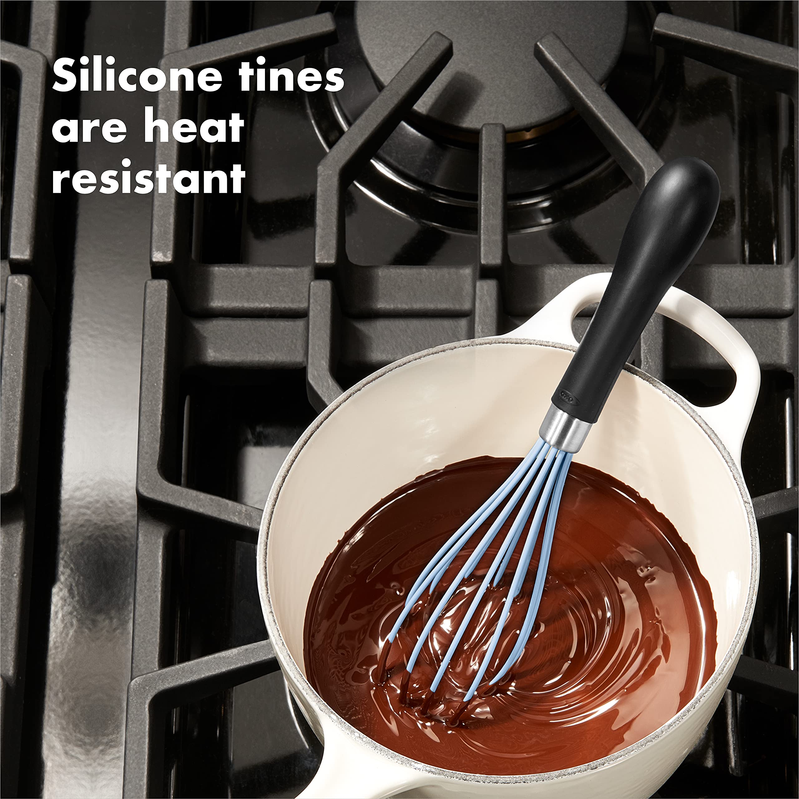 OXO Good Grips silicone whisk with heat-resistant tines for non-stick cookware.