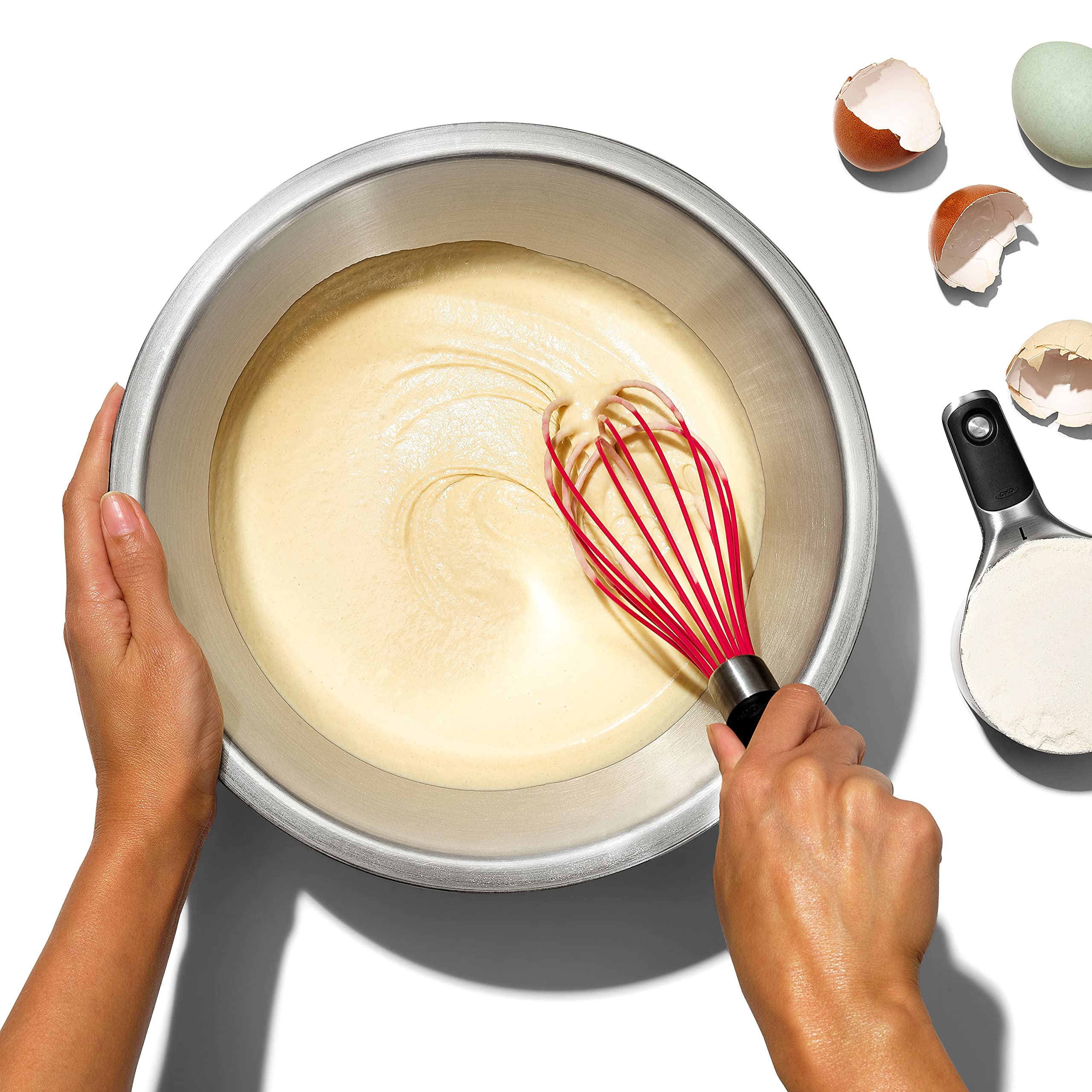 OXO Good Grips silicone whisk ideal for vinaigrette and emulsions.