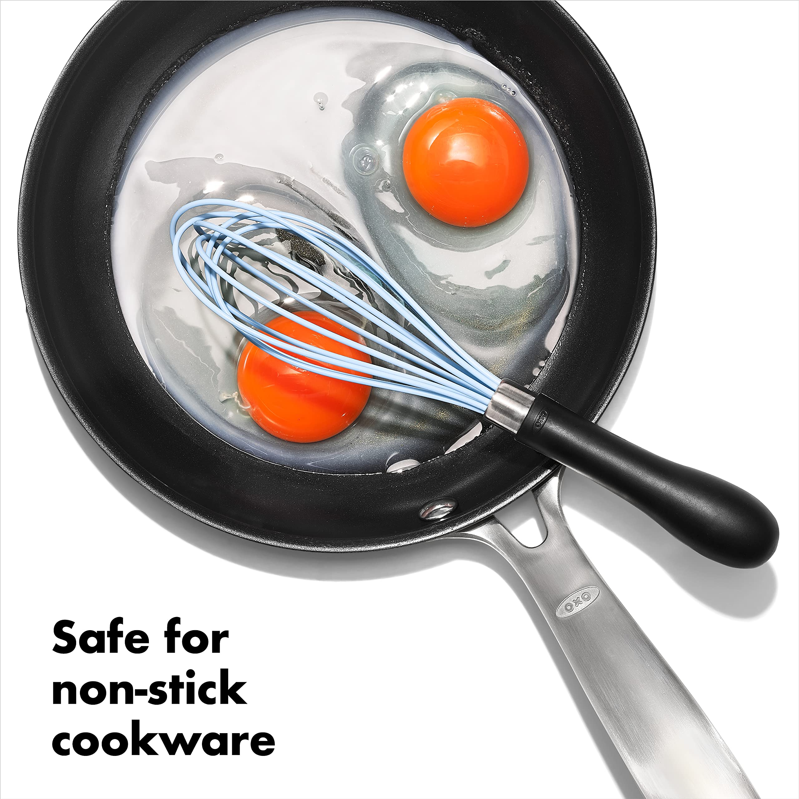 OXO Good Grips silicone whisk safe for non-stick pans and metal cookware.
