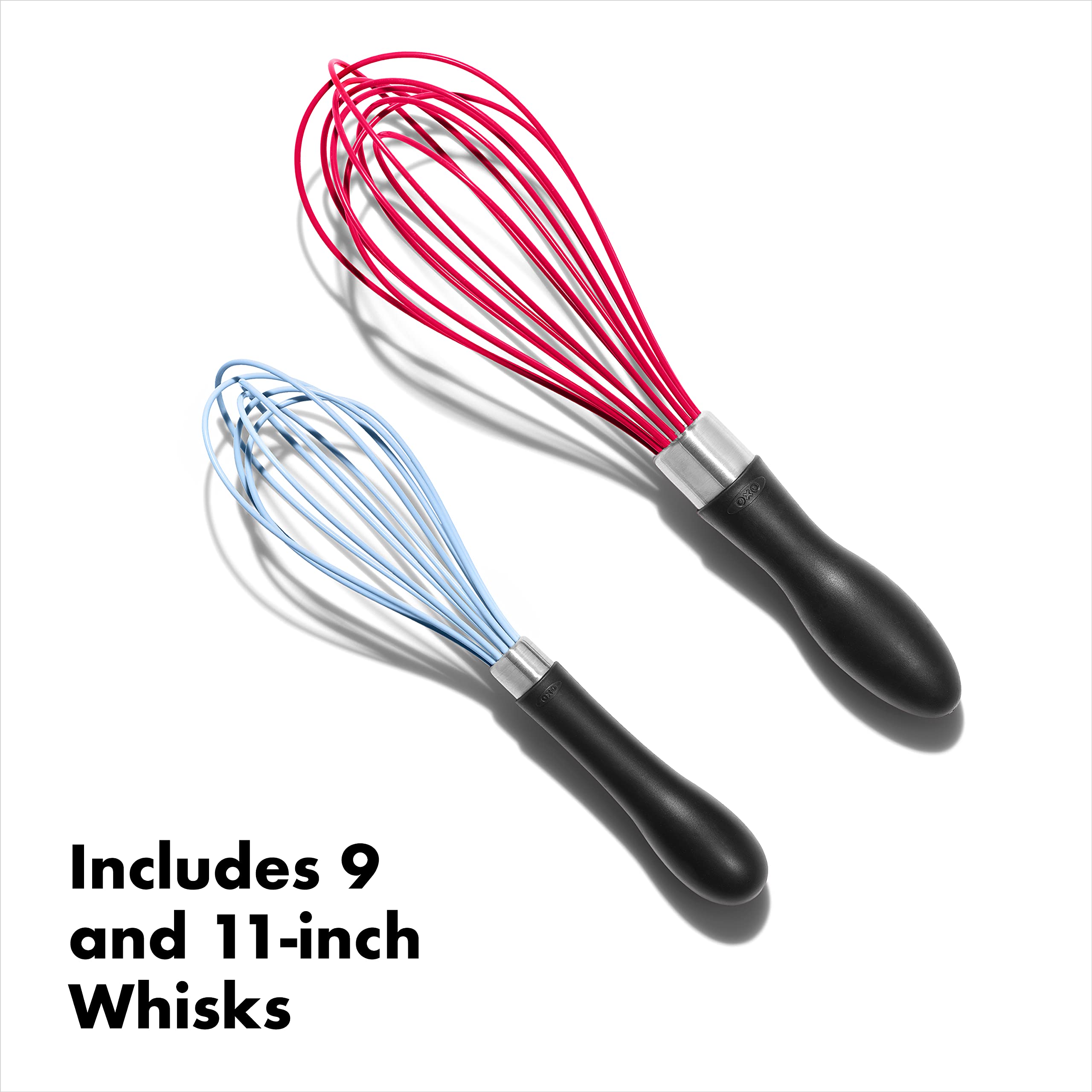 OXO Good Grips silicone whisk with soft non-slip handle for comfortable mixing.