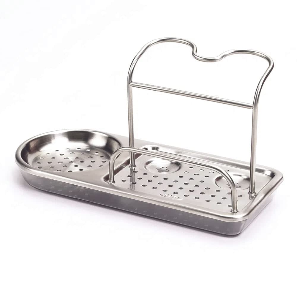 OXO Good Grips sink caddy gray, front view showing organized tools and kept dry