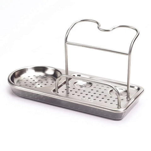 OXO Good Grips sink caddy gray, front view showing organized tools and kept dry