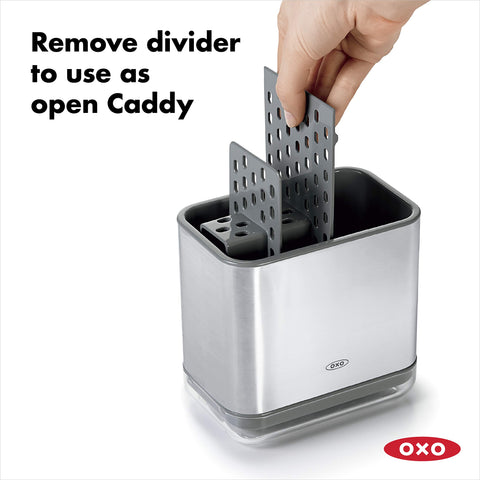 OXO Good Grips sinkware caddy divider removable to create open storage.