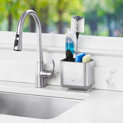 OXO Good Grips sinkware caddy stainless steel finish complements modern kitchens.
