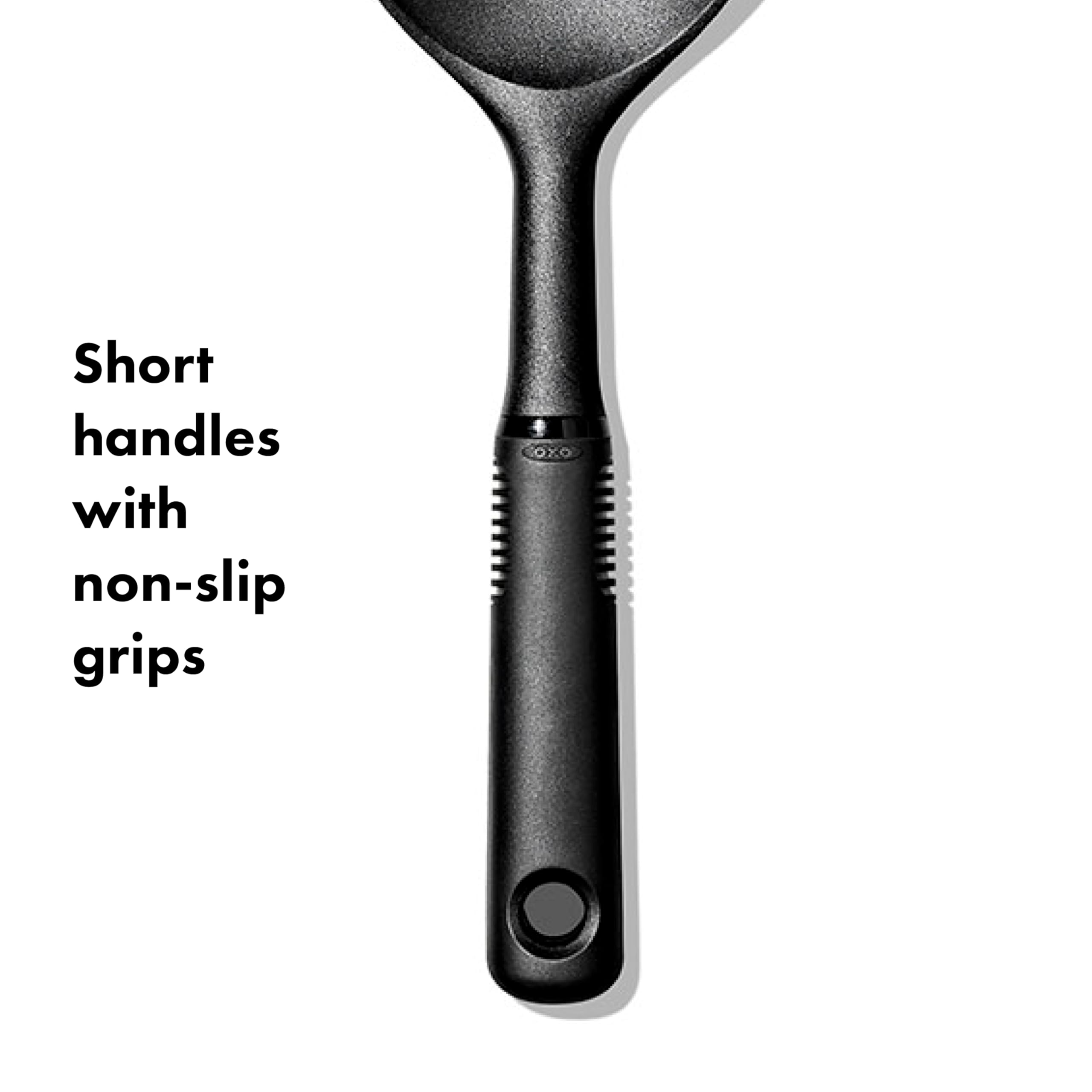 OXO Good Grips nylon handles close-up showing soft non-slip grip.