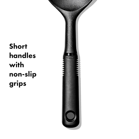 OXO Good Grips nylon handles close-up showing soft non-slip grip.